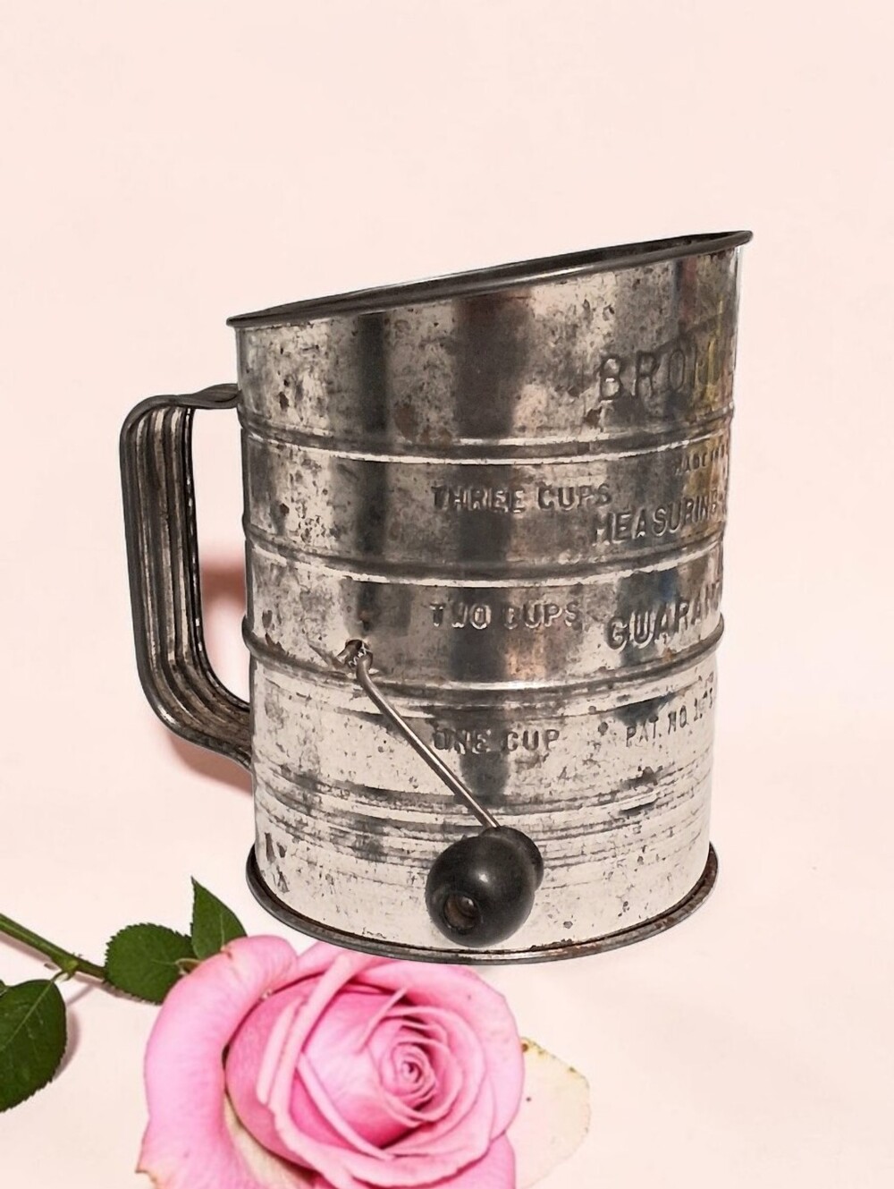 Vtg 40's Bromwell Tin Flour Sifter  Crank Handle Embossed Three Cup Capacity